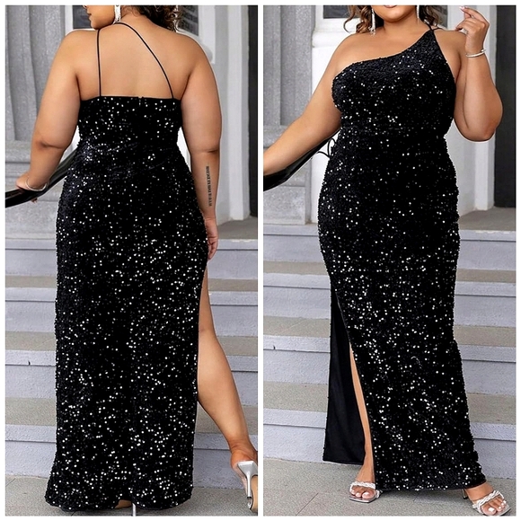 New Sequin Velvet One Shoulder Dress Maxi Long PLUS Black - Picture 1 of 7